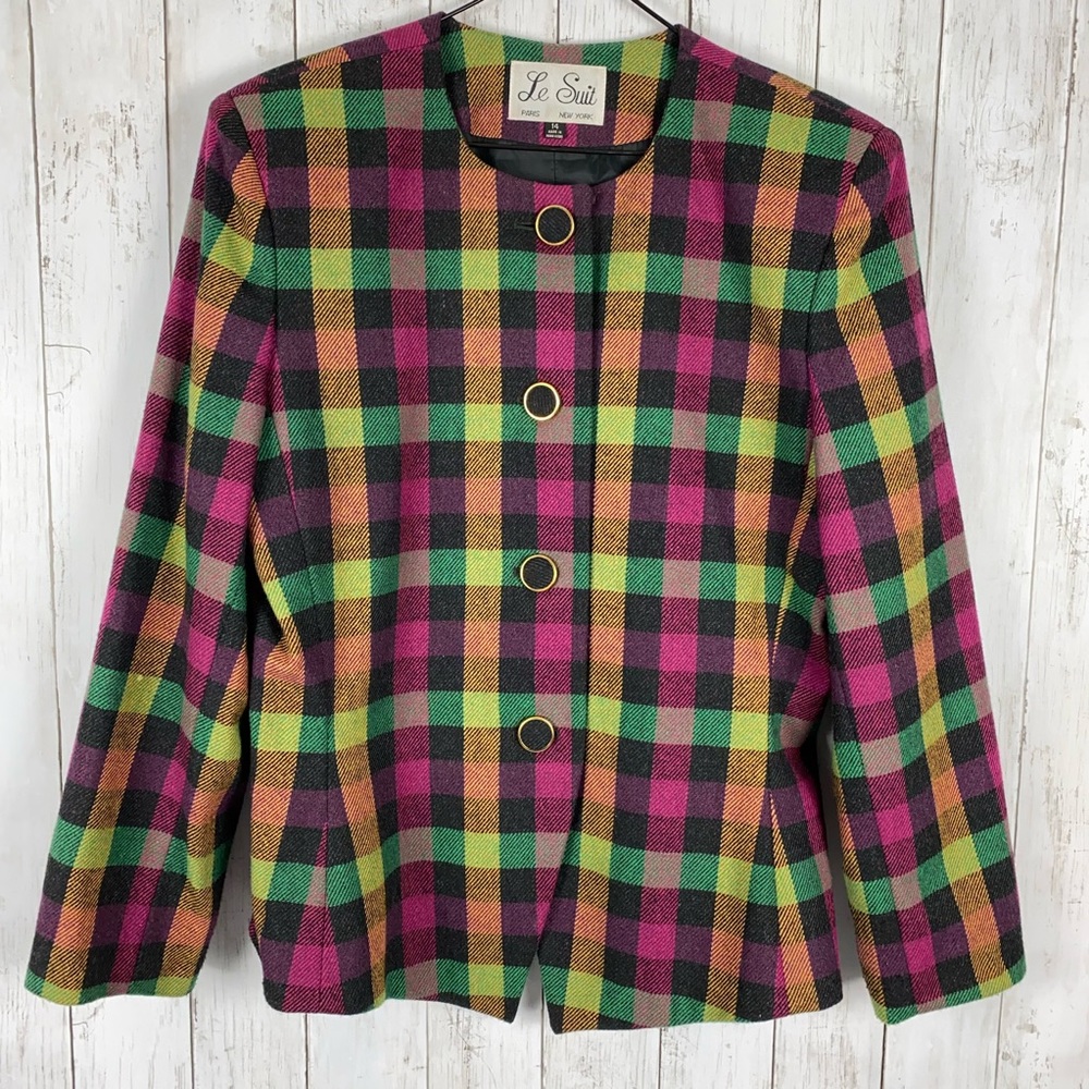 Le Suit Blazer Women’s Size 14 Wool Blend Multicolor Plaid 4-Button Jacket